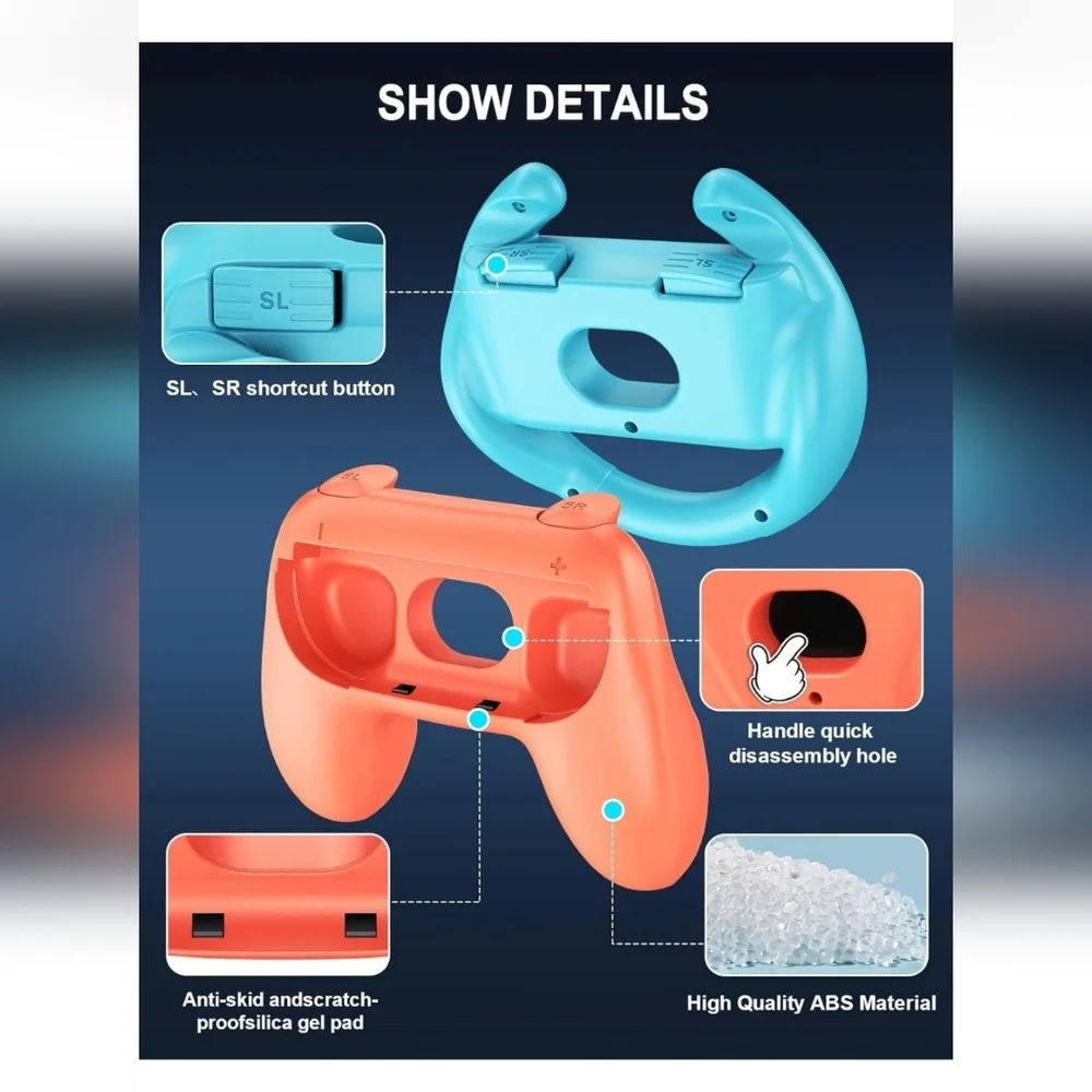 2 Hand Grips and 2 Ergonomic Racing Wheels Handle for Joy Cons Controller